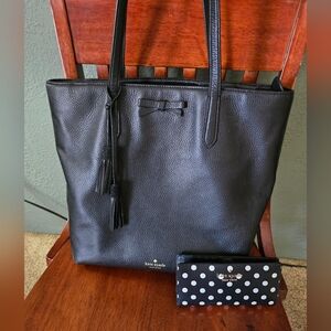 Kate Spade Large Black Leather Structured Tote And Black White Polka Dot Wallet